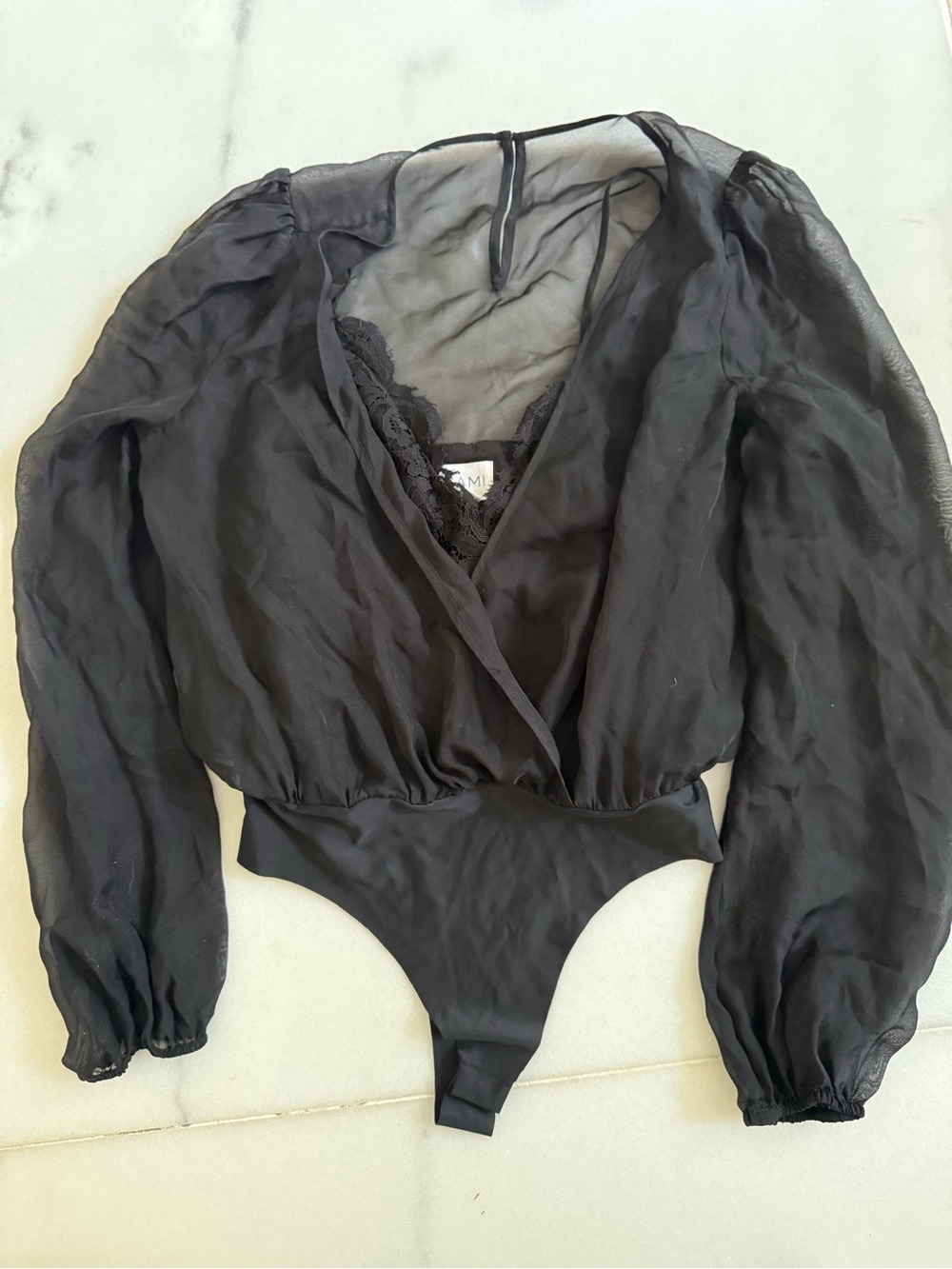 Cami NYC Black Sheer Wrap Long-Sleeve Bodysuit